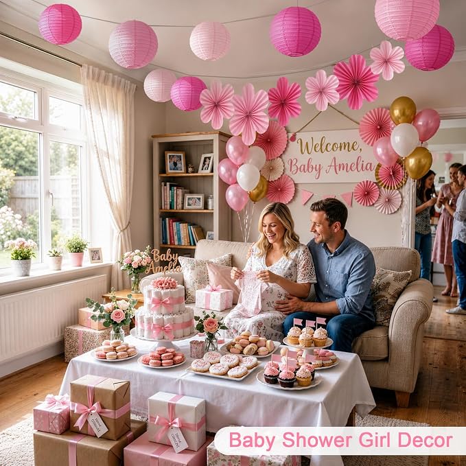 Pink Party Decorations, 18Pcs Hot Pink Paper Lanterns & Flower Fans Set | 8"-14" layered hanging decor for girls birthdays, bridal showers, baby showers, weddings, and girls night parties