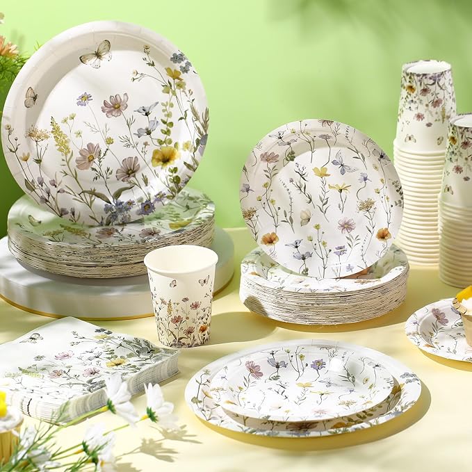 Ziliny 250 Pcs Wildflower Party Decorations Include Spring Summer Floral Paper Plates Napkins and Cups for Wildflower Baby Shower Tea Decorations, Serve 50 Guest(Light Color,Elegant Style)
