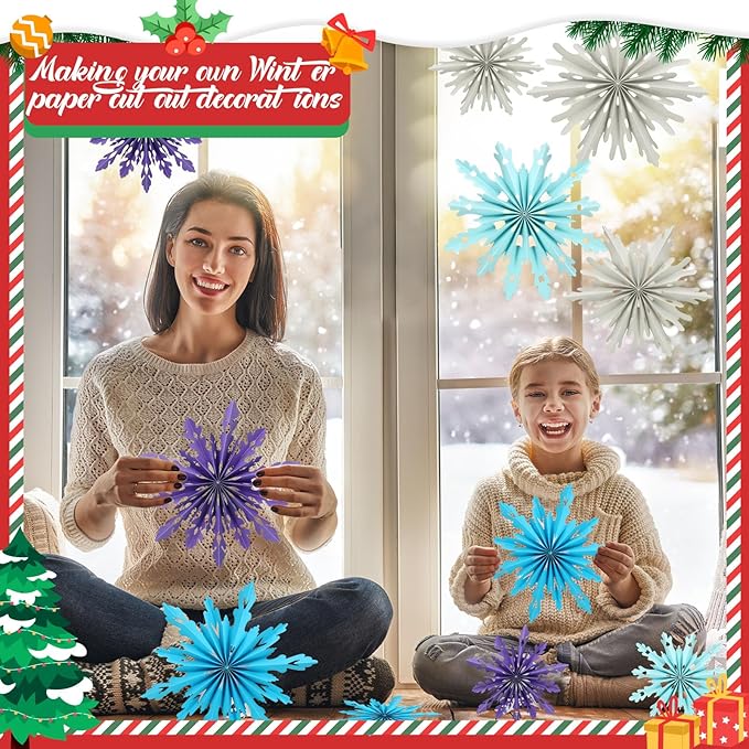 Fuyoooo 12 Pcs Snowflakes Hanging Decorations Blue Purple White Paper Fans Hollow Snowflakes Ceiling Hangings Decor Ice Birthday Fans Decor for Wedding Birthday Holiday Party Decoration(Purple)
