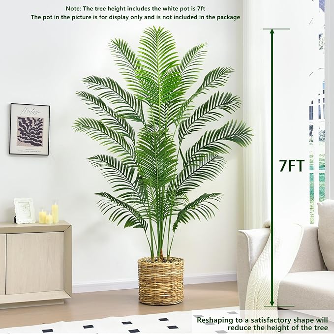 Artificial Palm Tree 7FT Faux Plants Indoor Tropical Fake Palm Tree Areca Floor Plant in White Pot with 18 Trunks & Real Bark Design, Faux Palm Plant for Outdoor Patio Home Room Office Decor