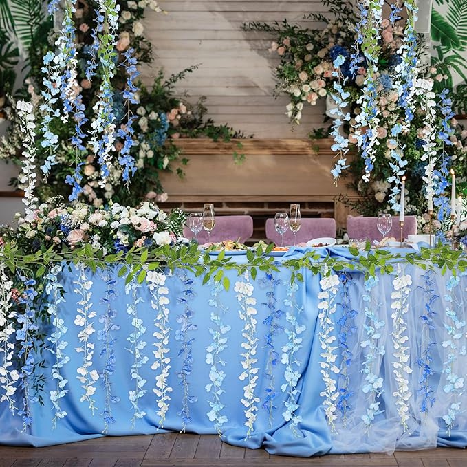 Thiccywoov 4pcs Wisteria Artificial Flowers Garland, 7.2Ft/Piece Wisteria Hanging Flowers Garland for Wedding Arch Decoration Outdoor Ceremony Home Backdrop Garden (Light Blue,Dark Blue,White)