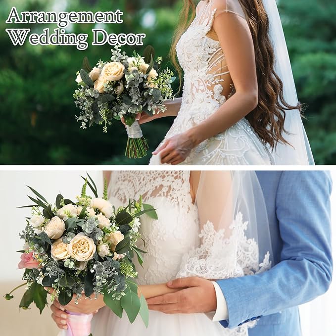 Janinka Mixed Eucalyptus Leaves Stems Bulk with White Seeds Artificial Silver Dollar Leaves Sprays Faux Oval for Wreath Garland Floral Bouquets Arrangement Wedding Greenery Decoration(70)