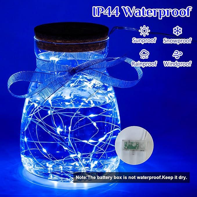 QITONG Blue Fairy Lights Battery Operated, 6 Pack Each 16ft 50 LED Outdoor String Lights, Silver Wire Mini Twinkle Light Indoor