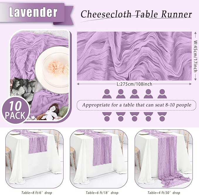 10 Pack Lavender Cheesecloth Table Runner 17x108 Inch Semi Sheer Boho Rustic Gauze Cheese Cloth Table Runners for Wedding Party Birthday Baby Shower Home Décor