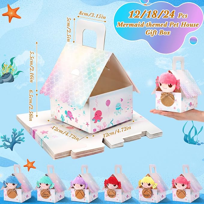 Spakon 100 Pcs Adopt a Mermaid Pet Party Favors Mini Mermaid Plush Toy Assortment with Gift Box House Small Animal Plush Animal Stickers for Kids Goodie Stuffers Pinata School Carnival Prize
