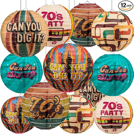 Panelee 12 Pcs 70's Retro Paper Lanterns Party Decorations 8 Inch Hanging Round Paper Party Decorations for Holiday Indoor Outdoor Supplies