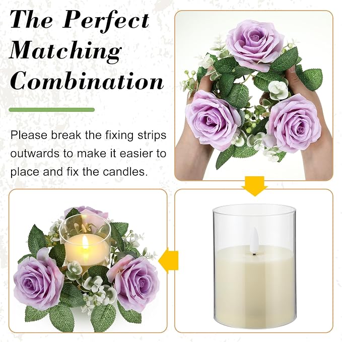 Yunlly 20 Pcs Rose Candle Rings with Flameless Candles Sets, Artificial Flower Eucalyptus Wedding Centerpiece 3 Inch Pillar Candleholders Wreaths for Wedding Party Mother's Day (Purple)