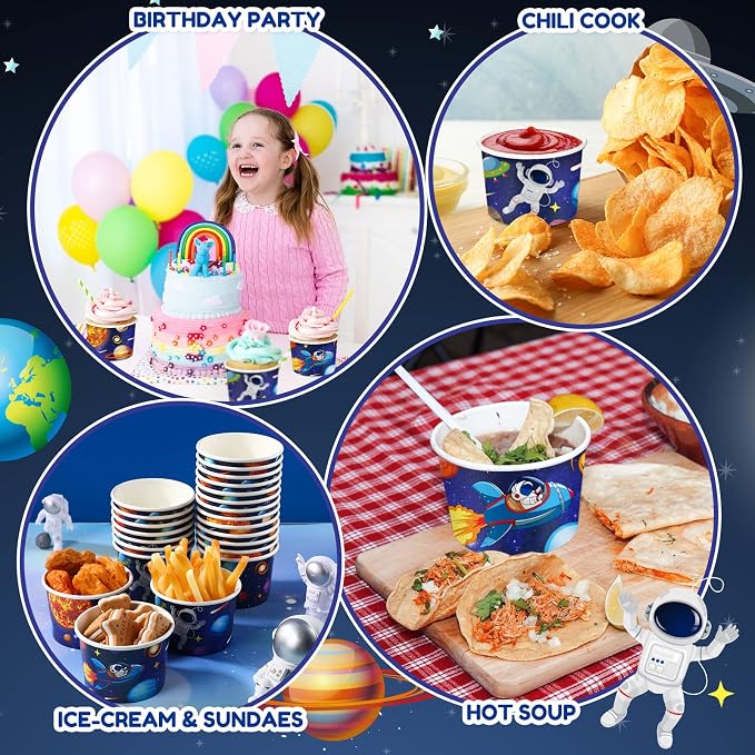Didaey 150 Pieces Space Party Supplies Galaxy Ice Cream Paper Cups Disposable Snack Bowls Paper Dessert Soup Bowls for Hot or Cold Food, Kids Solar System Theme Party Baby Shower Decoration, 8 oz