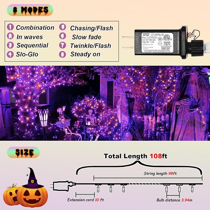 Halloween Decorations 300 LED String Lights Plug-in, 8 Modes 108ft Orange Purple Halloween Fairy Lights for Party Bedroom Indoor Outdoor Decor