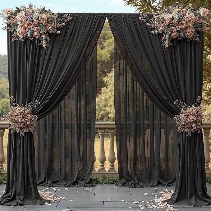 20ft x 10ft Black Backdrop Curtains, Wrinkle-Free Sheer Chiffon Fabric Photo Background Drapes for Wedding Arch Party Ceremony Stage Photography Decorations