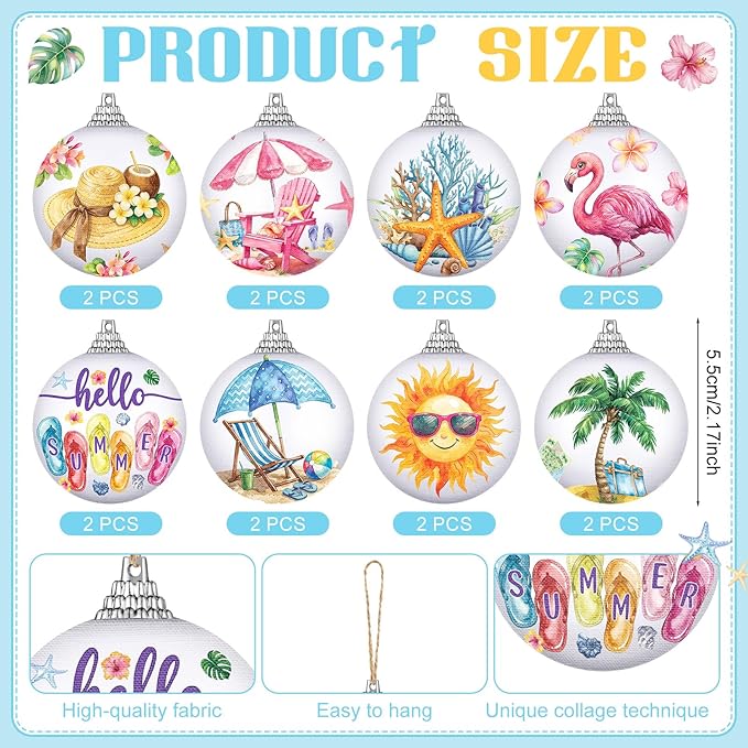 Outus 16 Pcs Summer Tree Ornaments Mini Summer Christmas Decorations for Tree Beach Flamingo Hanging Ornaments Tropical Party Decor for Farmhouse Home Fireplace Luau Holiday Decorative Supplies