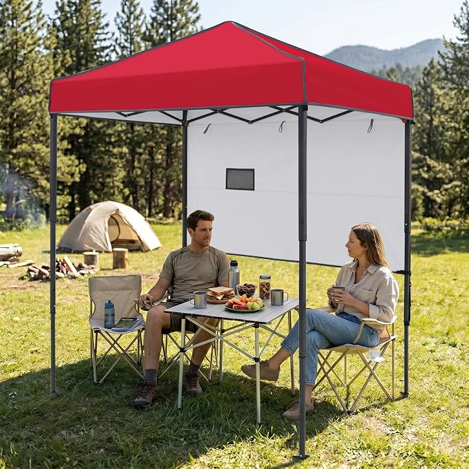 EAGLE PEAK 6x4 Instant Pop Up Canopy Tent with 1 Half Wall Panel, Straight Leg Sun Shelter, Portable Canopy with Carry Bag for Camping, Beach & Sports, Red