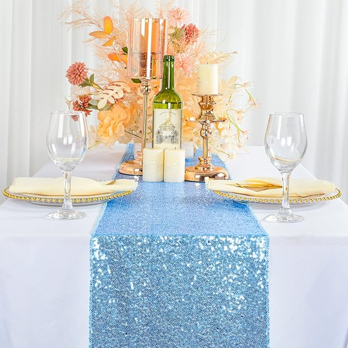 ShinyBeauty Baby Blue Table Runner 2 Pack 12''X108'' Sequin Table Runner Sequence Light Blue Table Runners 108 Inches Sparkle Party Table Runner Wedding Decor