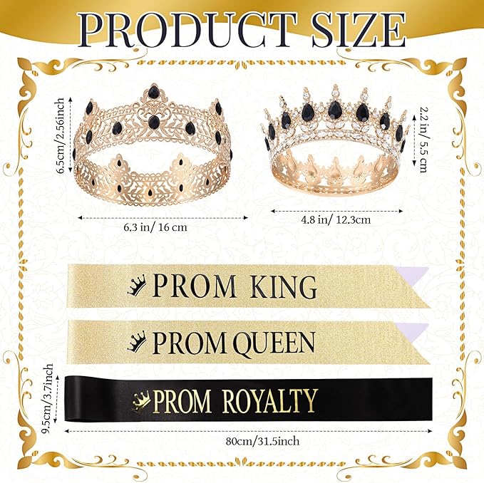 Saintrygo 12 Pcs Prom Crown and Sash Set, Prom King and Queen Tiara Rhinestone Crown Glitter Court Royal Satin Sash for 2026 Graduation Ball Dance Night Party Birthday Accessory(Gold,Elegant)