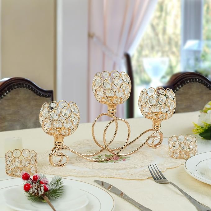 Gold 2 Pcs-3Arm Metal Crystal Tea Light Candle Holder, Elegant Wedding Table Centerpiece Candle Holder, Christmas Wishing Crystal Bowl Candle Holder Suitable for Wedding Party Living Room Decoration
