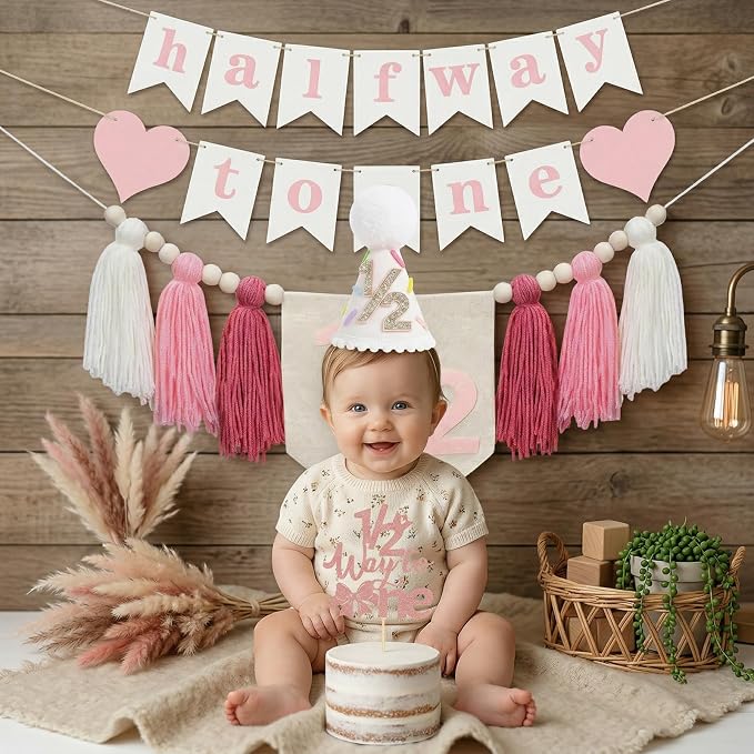 Baby First Birthday Party Decorations First Highchair Banner For Baby Boys Blue High Chair Banner Crown Cake Topper Baby Photo Banner 1st Birthday Photo Backdrop (1/2 Pink)