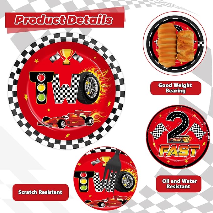 96 Pcs Race Car 2nd Birthday Party Supplies Hot Car Checkered Tableware Set Two Fast Table Decoration Racing Themed Plates Napkins and Forks for 2nd Boys Kids Birthday Baby Shower Serve 24