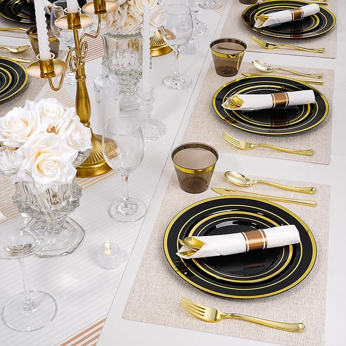 realluck 350 PCS Black Plastic Dinnerware Set for 50 Guests, 100 Disposable Plates for Party, 50 Pre Rolled Napkins with Gold Silverware, 50 Cups for Graduation