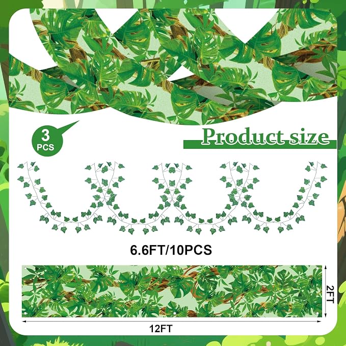 13 Pcs Rainforest Theme Ceiling Decor for 2026 Vbs 12x2 ft Palm Printed Fluorescent Light Cover 10 Artificial Vine Greenery Leaves for Classroom Hawaiian Jungle Luau Wedding Birthday Party Decorations