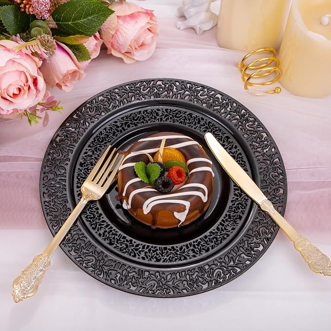 U-QE 150PCS Black Plastic Plates with Gold Plastic Silverware, Black Plates Disposable for Party Include 30 Dinner Plates 10.25", 30 Salad Plates7.5", 30 Forks, 30 Knives, 30 Spoons