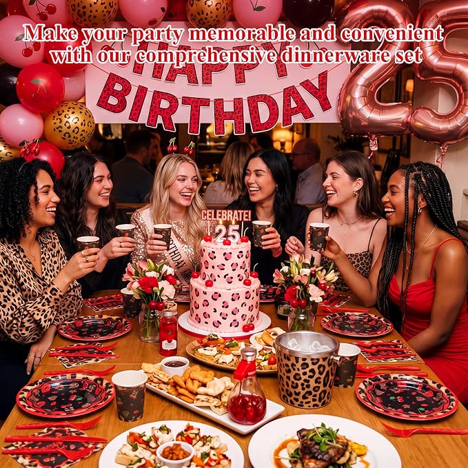 400 Pcs Red Cheetah Print Birthday Decoration for 50 Guests, Red and Black Cheetah Cherry Paper Plates Napkins Cups Cutlery Leopard Tableware for Y2K Girls Night Big Mama Party Supply