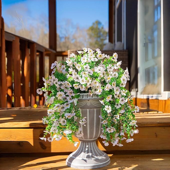 HyeFlora Artificial Flowers for Outdoors Fake Hanging Decoration, 2Pcs White Spring Summer Decor, Realistic Plants, UV & Fading Resistant Silk Flower for Porch Patio Balcony Planter Yard Home Garden