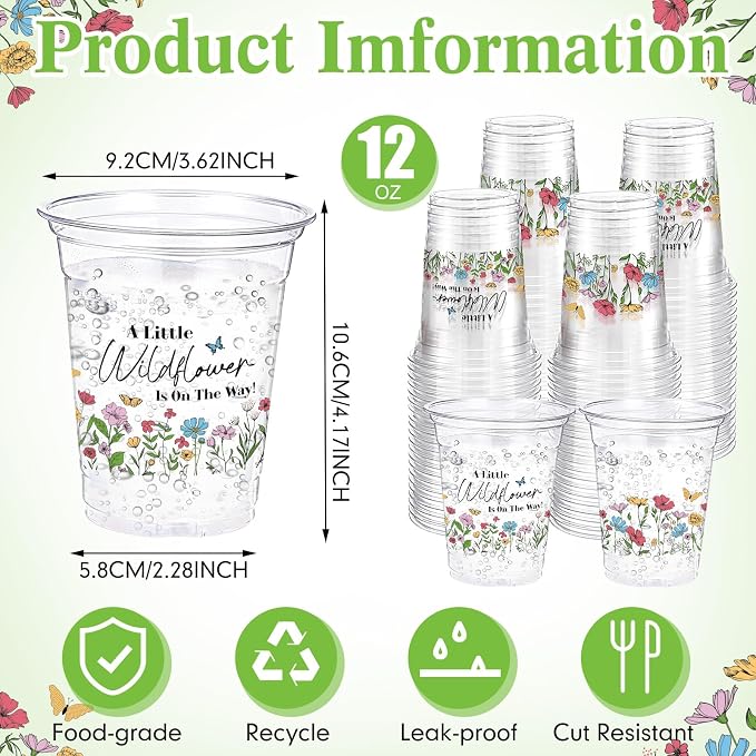 Funnymoom 60 Pack Wildflower Baby Shower Cups 12 oz Disposable Clear Plastic a Little Wildflower Is on the Way Cups for Wildflower Baby Shower Birthday Floral Spring Summer Party Decorations