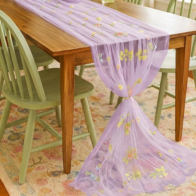 Lounsweer Purple Wildflower Table Runner 10ft Embroidery Tulle Spring Floral Table Runner Seasonal Summer Butterfly Kitchen Dining Gauze Decoration for Wedding Baby Shower Birthday Party