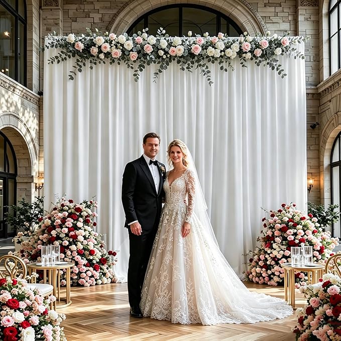 Gallety White Backdrop Curtain for Wedding, Polyester Photo Backdrop Drapes - 40FT x 10FT Birthday Backdrop Curtain with Rod Pockets for Celebration,Stage, Graduation,Engagement Party Decorations