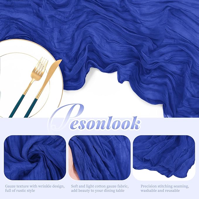Pesonlook 12 Pack Royal Blue Cheesecloth Boho Table Runner, 10FT Long Semi-Sheer, 21.5' W x 120' L, Polyester, Solid, Wedding & Party Decorations