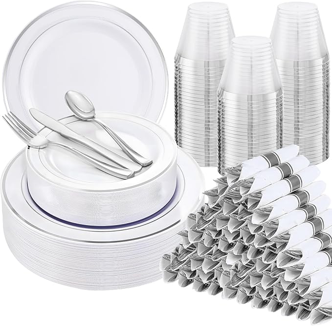 WELLIFE 700 Pcs Silver Plastic Plates for 100 Guests -Party Supplies Includes 200 Silver Plates,300 Plastic Silverware,100 Napkins,100 Cups for Party and Wedding