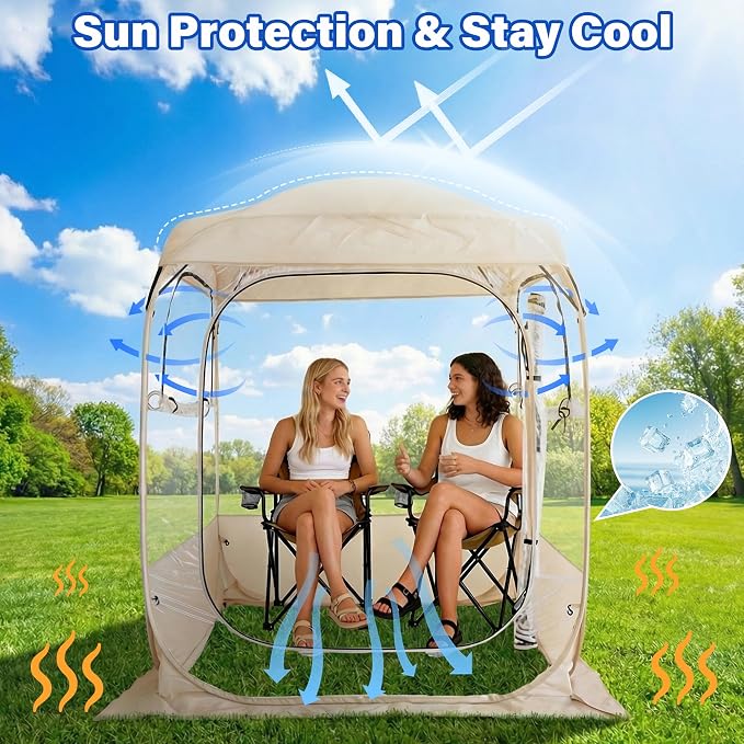 DIAMONDFORGE Pop Up Sports Tent 5x5 FT, Portable Clear Tent with Removable Top Cover for 2-3 Person, Instant Setup, Spacious BubbleTent for Outside, Patio and Outdoor Activities, Beige