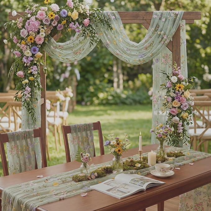 Sage Green Floral Table Runner 10ft Embroidery Tulle Spring Wildflower Gauze Table Runner Seasonal Summer Butterfly Kitchen Dining Decoration for Wedding Baby Shower Birthday Party (6 Pcs)