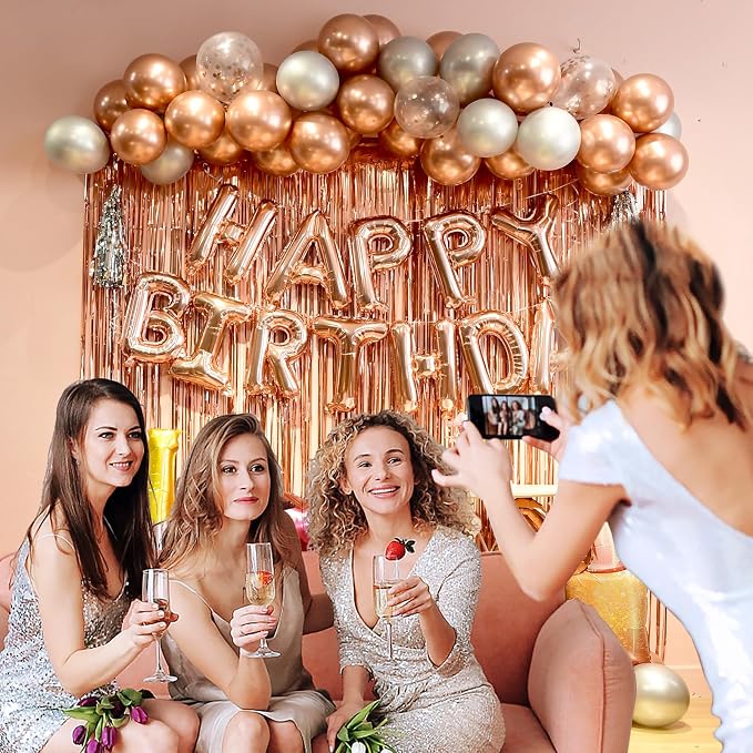 Rose Gold birthday decorations for women ，happy birthday party decorations for girls，Rose Gold Fringe Curtain，happy birthday banner， balloon letters