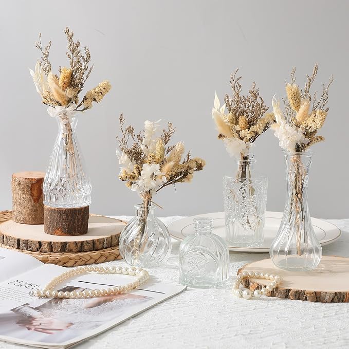 Yerliker 48pcs Glass Bud Vase Set with Dried Flower Bouquet Wedding Centerpieces for Tables, Mini Clear Bud Vases Boho Dried Flower for Centerpieces Rustic Wedding Birthday Party Anniversary Decor