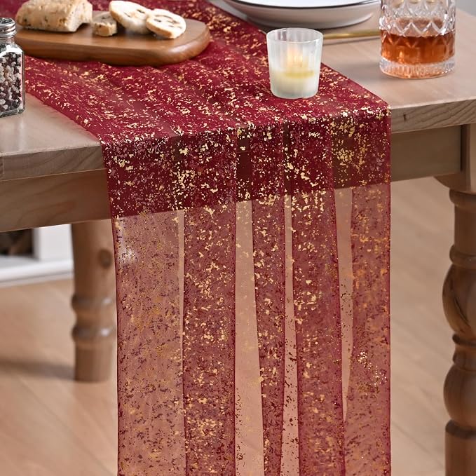 Artoid Mode 10Pcs Burgundy Gauze Gold Table Runner 10FT, Glitter Metallic Foil Sheer Dining Wedding Anniversary Holiday Table Decor for Home Party