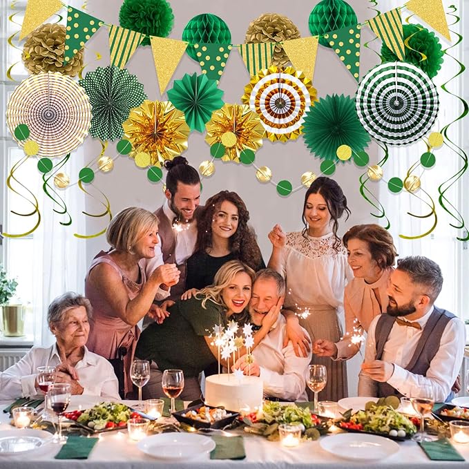 Green Gold Party Decorations, Graduation Season Hanging Glitter Triangle Flags Banner Paper Fan Tissue Pom Poms Garlands, St. Patrick's Day, Bridal Shower, Green Master Golf Themed Birthday