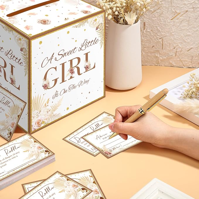 Teling 51 Pieces Diaper Raffle Tickets with Card Box Baby Shower Decorations Baby Shower Holder Box for Girl Boy Diaper Raffle Party(Boho Pampas Grass Dried Flower)