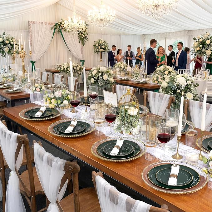 KIRE 175PCS Green Plastic Plates with Gold Rim - Heavy Duty Green Plates Disposable Include 50 Fancy Plastic Plate, 25Pre Rolled Napkins 25 Cups For Party/Wedding/Spring