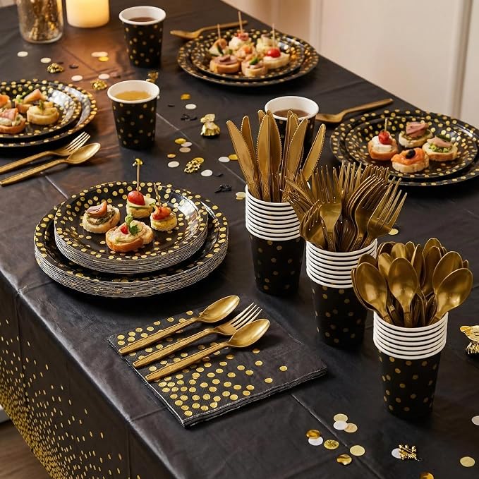 350 Pieces Gold Disposable Party Dinnerware Set &Golden Dot Disposable Party Dinnerware - Black Paper Plates Napkins Cups, Gold Plastic Forks Knives Spoons