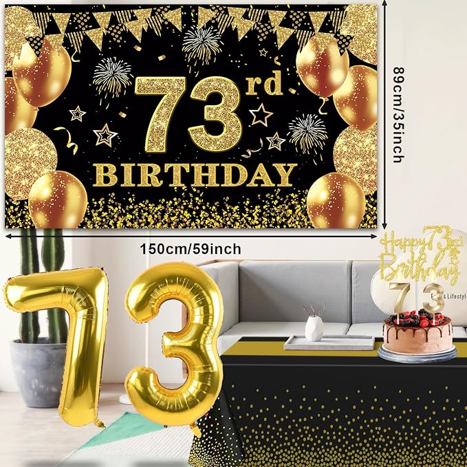 73rd Birthday Decorations Men Women with 73rd Birthday Banner, Black and Gold Table Cloth, Number Balloons, Sash, Cake Topper and Candles