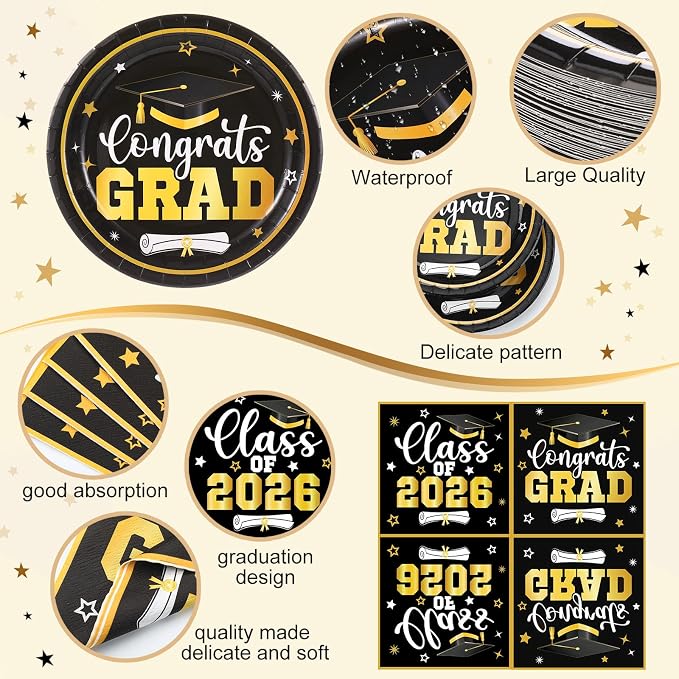 Funnymoom 400 Pcs Graduation Party Supplies Class of 2026 Graduation Paper Plate Napkin Cup Cutlery Congrats Grad Disposable Tableware Set for Grad Party Decorations, Serve 50(Black, Gold)