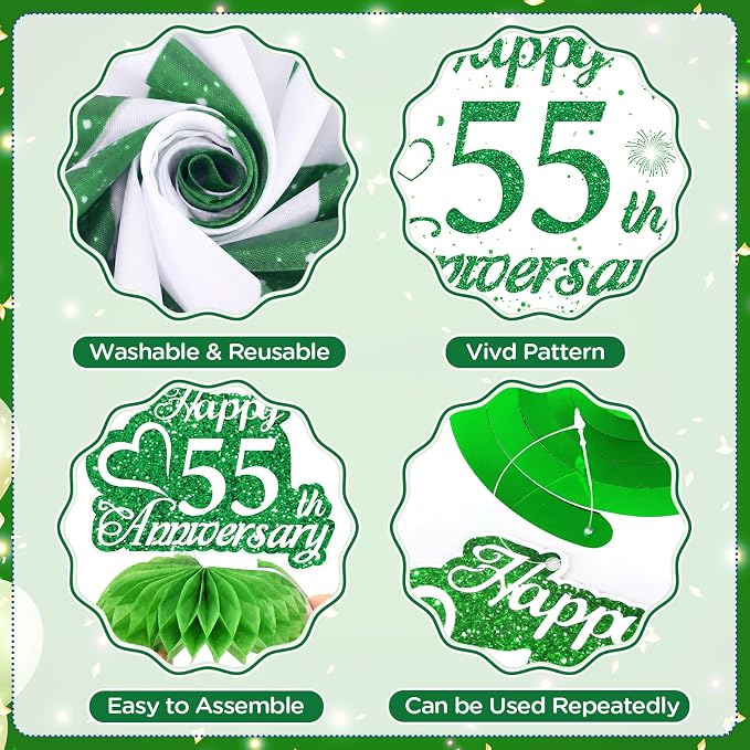55th Wedding Anniversary Decorations Kit Green Happy 55th Anniversary Banner Backdrop Table Honeycomb Centerpiece Hanging Swirls Poms Decor for Men Women 55 Years Emerald Anniversaries Party Supplies