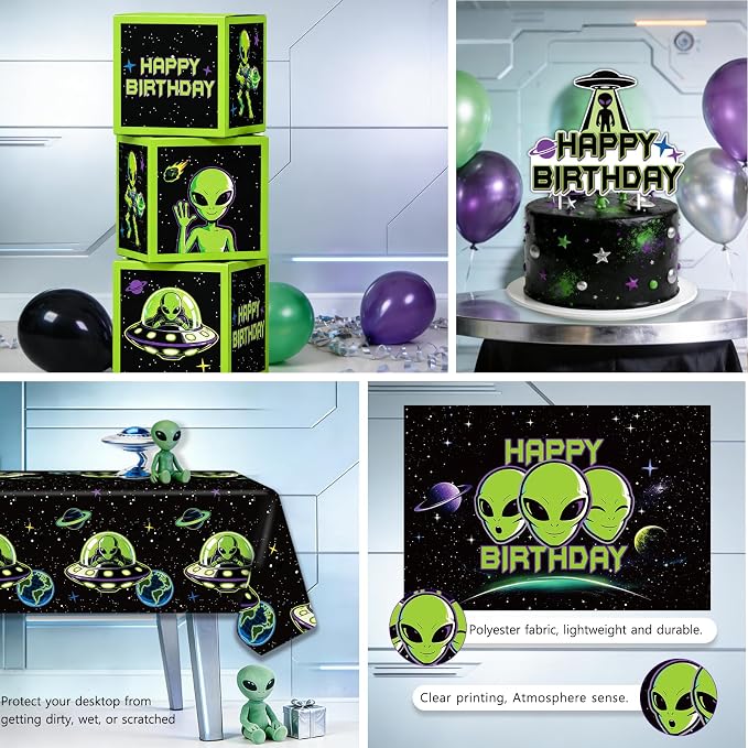 NeoRov 301 Pcs Alien Birthday Party Decorations Tableware Balloon Arch Set | Service 25 Guests | All-In-1 Pack Includes Backdrop, Tablecloth, Balloon Boxes, Balloon Kit | For UFO Theme Party