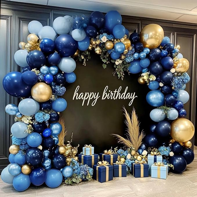 Navy Blue Gold Balloon Arch Kit, Double Stuffed Royal Pastel Blue Balloon Garland Different Sizes Metallic Gold Balloons for Birthday Baby Shower Graduation Wedding Anniversary Fathers Day Decor