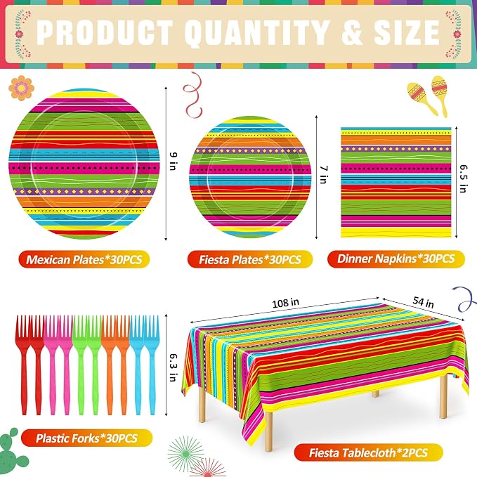 122 Pcs Cinco De Mayo Napkins and Plates, Disposable Dinnerware Fiesta Paper Plates and Napkins Sets for 30 Guests, Colorful Plastic Fork Mexican Stripes Tablecloth for Taco Birthday Party Favors