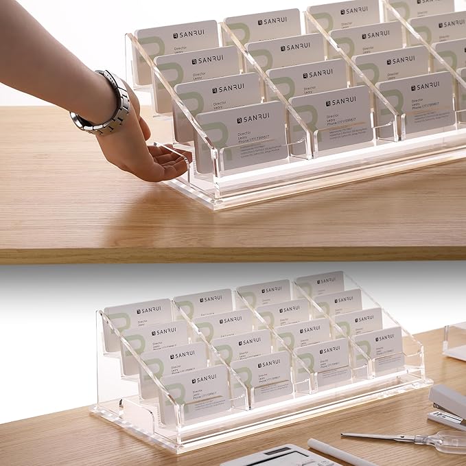 YUXUN Acrylic Business Card Holder for Desk-4 Tiers 16 Slots, Business Card Holder Case, Clear Multiple Cards Display Stand for Office Supplies Home School