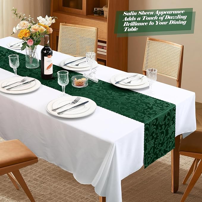 MILVOWOC 4 Pack Emerald Green Satin Damask Table Runner, 12 x 72 Inch, Rectangle, Luxury, Bright, Silky, Decorative, Perfect for Party, Banquet, Birthday, Wedding, Table Decor