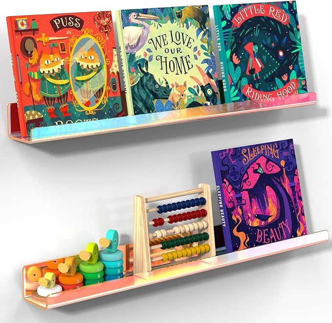 NiHome Set of 2 Magnetic Acrylic Floating Book Shelves, 24 Inches Long for Whiteboard, Classroom and Fridge Storage, Holds Up to 8.5 lbs, Sleek Design Organizer for Large Picture Adhesive (Iridescent)