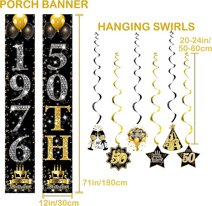 50th Birthday Decorations, Black and Gold Birthday Decorations Kit for Men and Women, Banner, Backdrop, Porch Sign, 6 Pcs Honeycomb Centerpieces, 6Pcs Hanging Swirls, Party Supplies (Black Gold 50th)